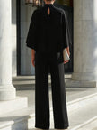 Cape-Sleeve High-Neck Blouse & Slit Wide-Leg Trousers Set