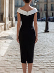 Asymmetric Two-Tone Off-Shoulder Pencil Midi Dress