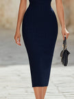 Elegant Navy Blue Pinstripe Stand Collar Bodycon Midi Dress