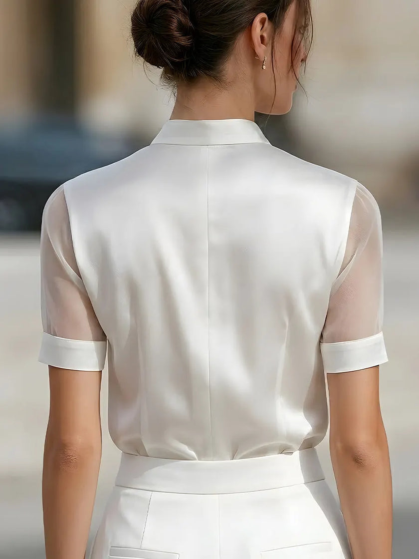 Stand Collar Sheer Short-Sleeve Satin Blouse