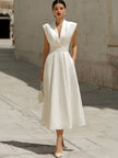 Elegant V-Neck Sleeveless Belted A-Line Midi Dress