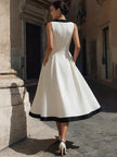 Elegant V-Neck A-Line Midi Dress With Contrast Trim And Pockets