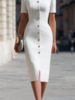 Short Sleeve Button-Front Tailored Midi Dress