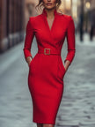 Refined Black Belted Sheath Dress with Mandarin Collar
