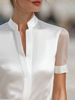 Stand Collar Sheer Short-Sleeve Satin Blouse