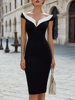 Off-Shoulder Contrast Neck Pencil Dress