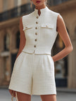 Elegant Tweed Stand Collar Gold Button Vest & High-Waisted Shorts Two-Piece Set