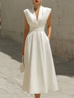 Elegant V-Neck Sleeveless Belted A-Line Midi Dress