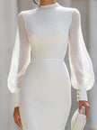 Fitted Long-Sleeve Dress With Pleated Chiffon Sleeves