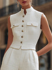 Elegant Tweed Stand Collar Gold Button Vest & High-Waisted Shorts Two-Piece Set