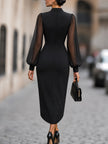 Sheer-Sleeve Mock-Neck Draped Midi Dress