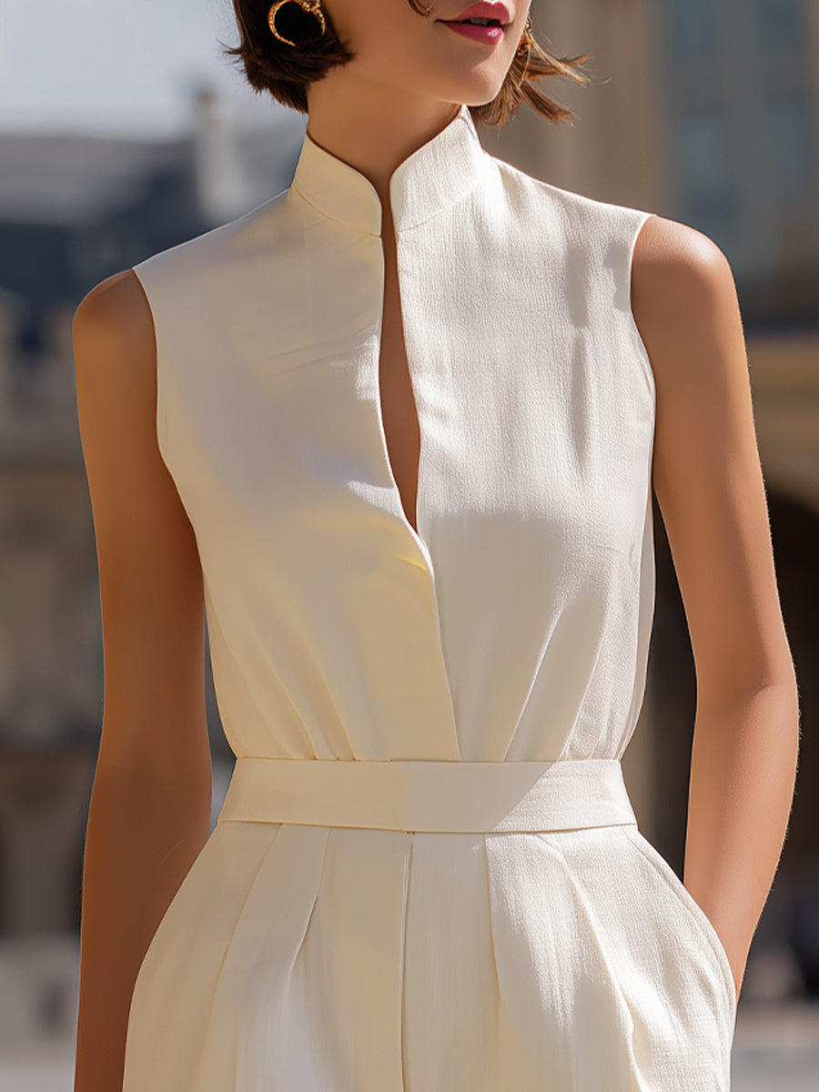 Sleeveless Mandarin Collar  Pleated Romper Shorts