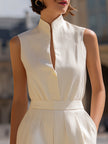 Sleeveless Mandarin Collar  Pleated Romper Shorts