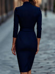 Refined Black Belted Sheath Dress with Mandarin Collar