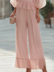 Sheer Sleeve Peplum Top And Wide-Leg Pants Set