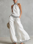 Women's Stand-up Collar Sleeveless Casual Loose Cotton And Linen Top With Elastic Waist And Wide-leg Pants Cotton And Linen Set