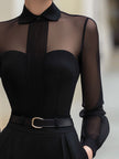 Sheer Panel Pleated Front Blouse