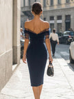 Off-Shoulder Sheer Mesh Sleeve Bodycon Midi Dress