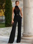 High-Neck Sheer Yoke Tailored Wide-Leg Jumpsuit