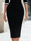 Contrast Trim Boat-Neck Three-Quarter Sleeve Pencil Midi Dress
