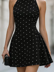 Elegant Polka Dot Halter Neck Sleeveless Flared Mini Dress