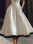 Elegant V-Neck A-Line Midi Dress With Contrast Trim And Pockets