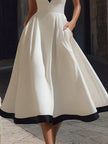 Elegant V-Neck A-Line Midi Dress With Contrast Trim And Pockets
