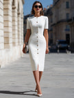 Short Sleeve Button-Front Tailored Midi Dress