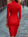 Refined Black Belted Sheath Dress with Mandarin Collar