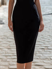 Asymmetric Two-Tone Off-Shoulder Pencil Midi Dress