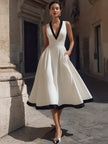 Elegant V-Neck A-Line Midi Dress With Contrast Trim And Pockets